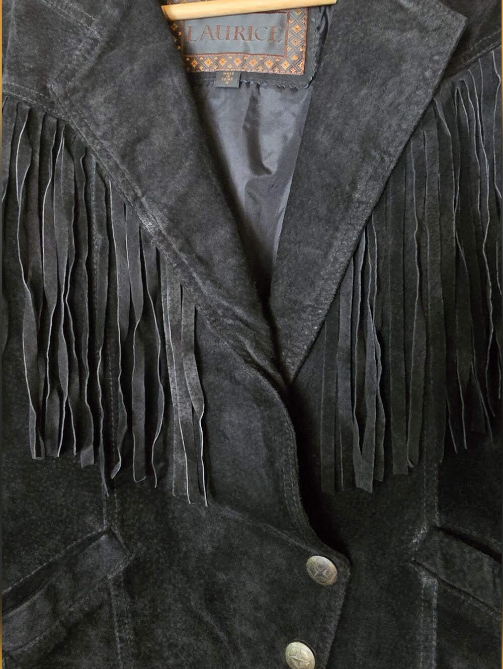 90s Vintage Black Suede Fringe Leather Jacket Western Corset Lace Medium Boho - Picture 10 of 14